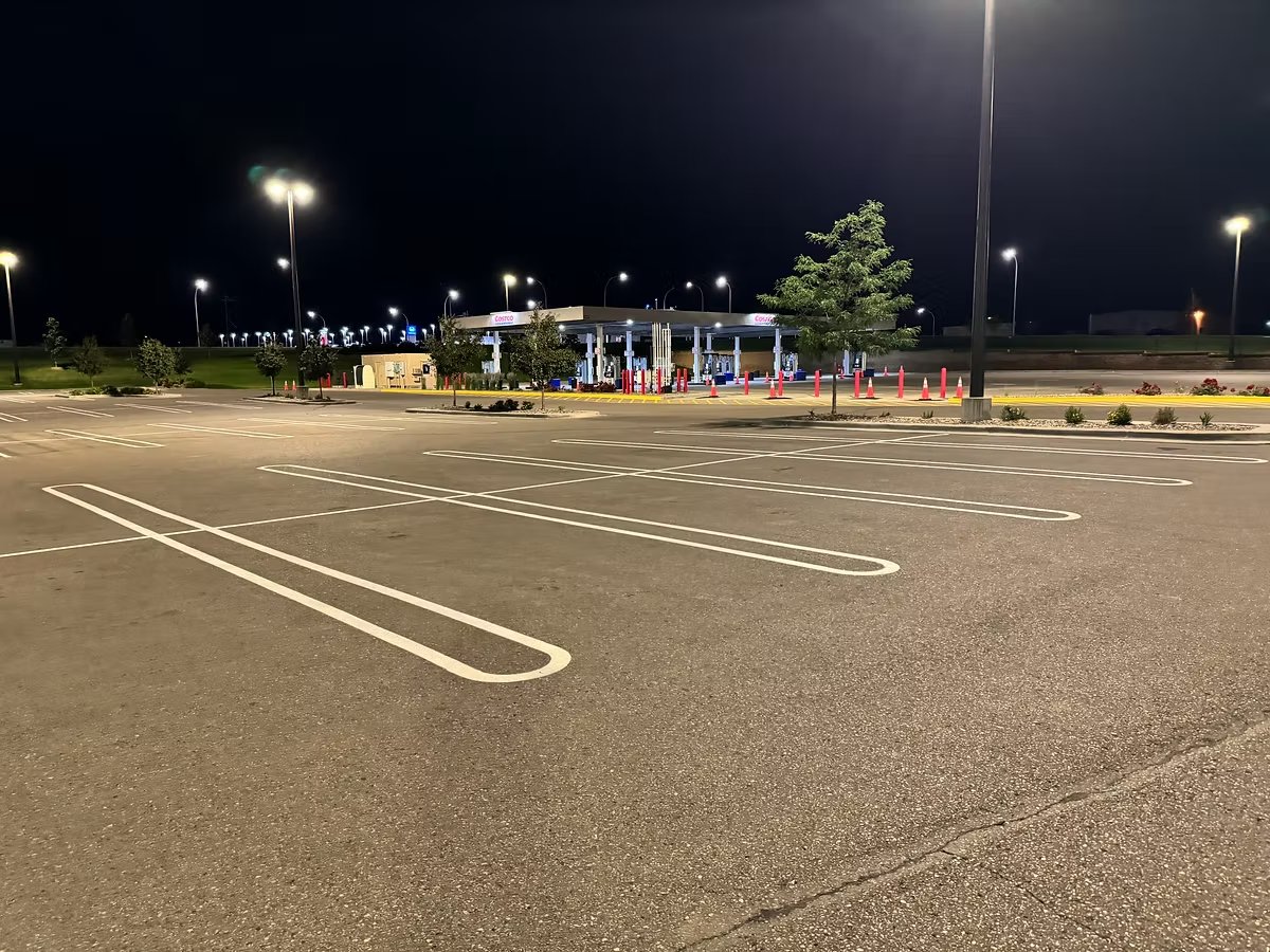 Large retail parking lot striping wide view